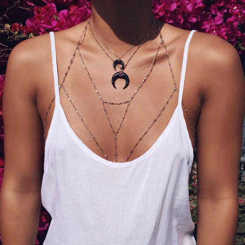 

Newest Gold Silver Color Necklace Copper Beads Chain Bra Multilayer Sexy Beach Bikini Harness Necklaces for Women Body Jewelry
