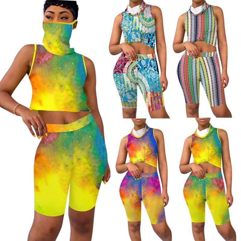 

Women Sportswear 3 Piece Set Summer Tracksuit Tie Dyeing Print Short Sleeve T Shirt And Skinny Short with Mask Outfit#0515