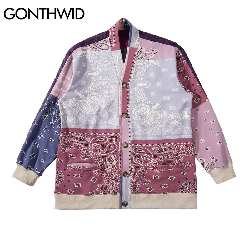 

Bandana Paisley Pattern Japanese Kimono Cardigan Jackets Color Block Patchwork Cotton Padded Coats Harajuku Casual Tops, Kg-2