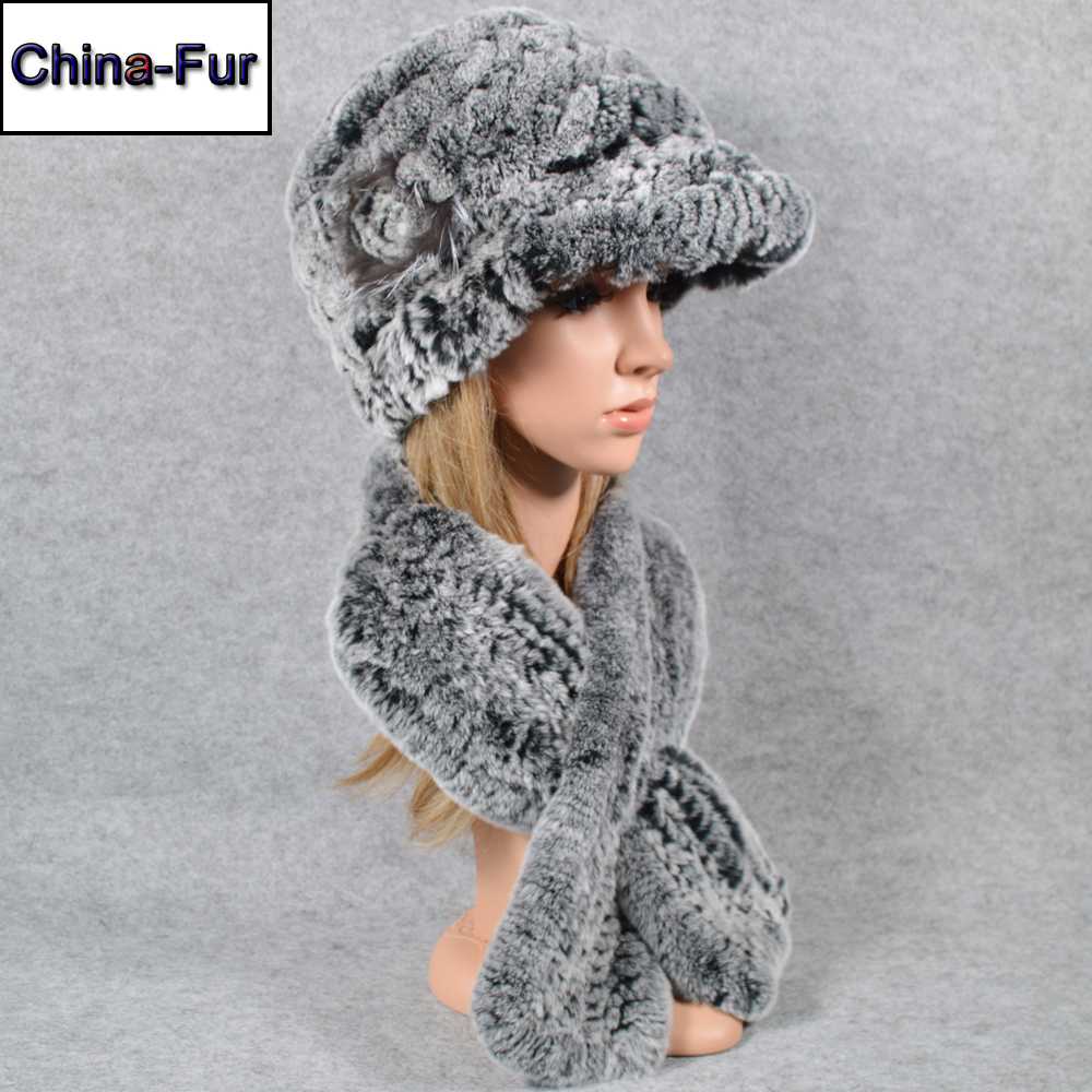 

Women New Style 2 Pieces Sets Real Rex Fur Hat Scarf Rex Fur Cap Scarves Natural Ring Shawl Hats, Color 5