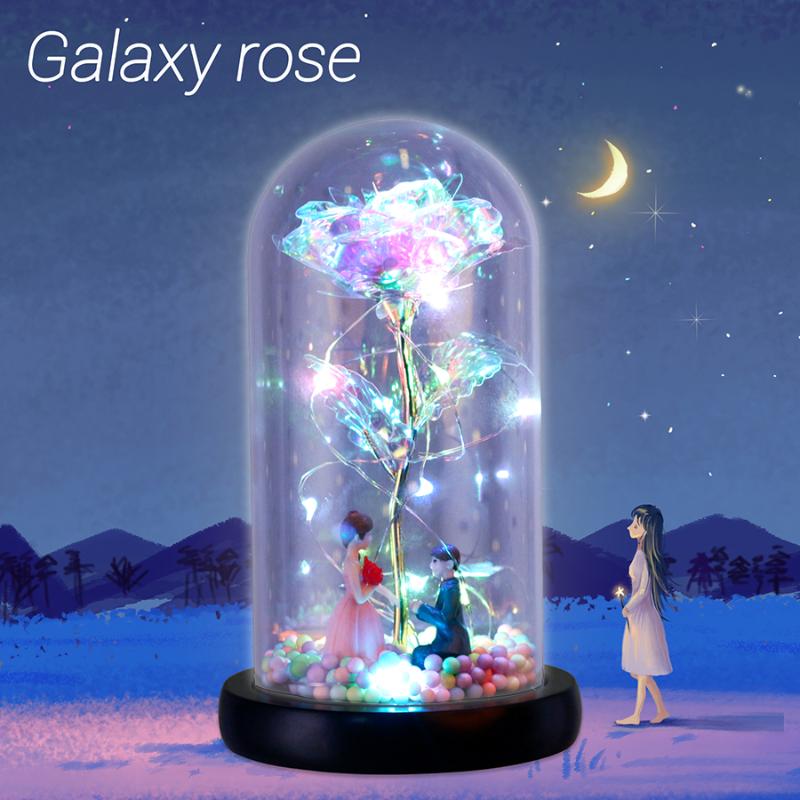 

2020 New Wishing Girl Galaxy Rose In Flask LED Flashing Flowers In Glass Dome for Wedding Decoration Valentine's Day Gift, Rose in box