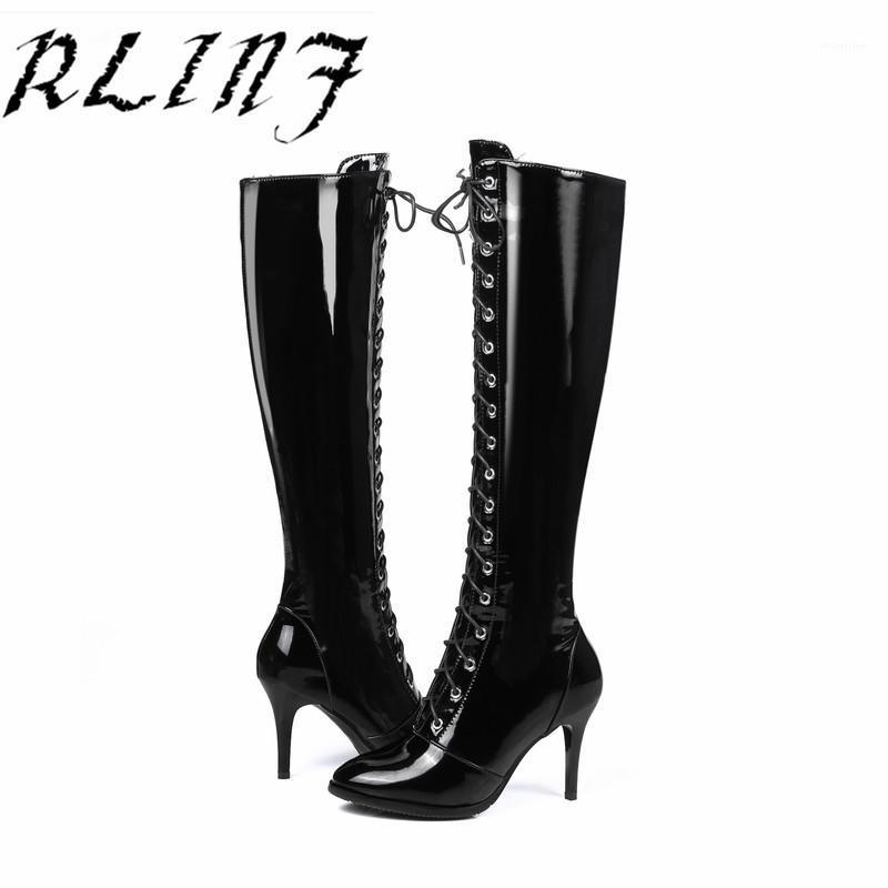 

RLINF New Patent Leather High Heel with High 8cm Stiletto Boots1, Black