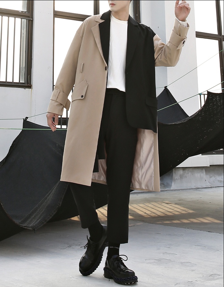 

Original self-made irregular color contrast stitching mid-length trench coat jacket male couple trench coat tide, Khaki