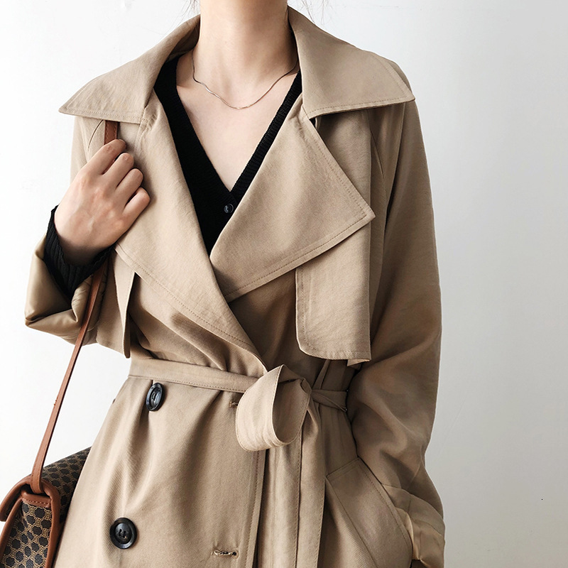 

New 2021 Long Fashion with Belt Turn Down Casual Collar Female Trench Femme Coat Streetwear Kq4f, Black