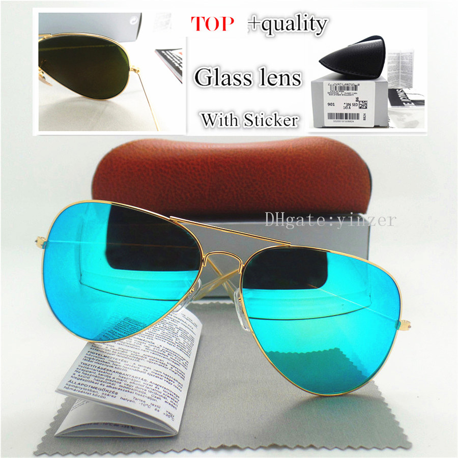 

Top Quality Glass Lens Pilot Classic Sunglasses Men Women Brand Designer Plant UV400 Mirror 58MM 62MM Brown Case storage Box Sticker