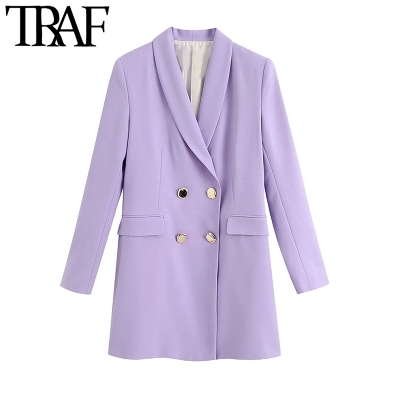 

TRAF Women Fashion Office Wear Double Breasted Blazer Coat Vintage Long Sleeve Flap Pockets Female Outerwear Chic Tops 201201, As picture