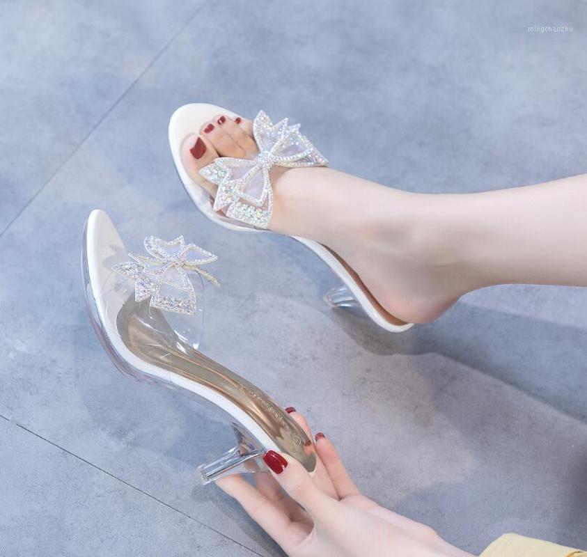 

Crystal Women Slippers High Heeled 6.5CM Butterfly-knot Women Casual Shoes Mules PVC Transparent Shoes Open Toe Female Slippers1, Black