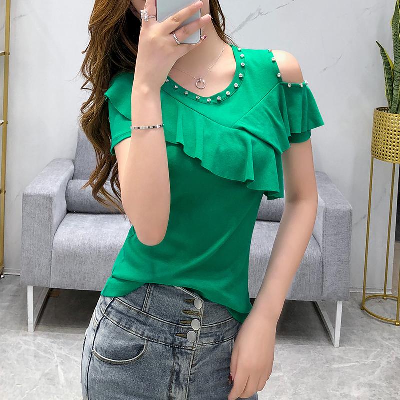 

Summer Cotton Short Sleeve Ruffles T shirt Women Tops Korean Style Diamond T-shirt Women Clothes Slim Chic Tee Shirt Femme 3XL, Black
