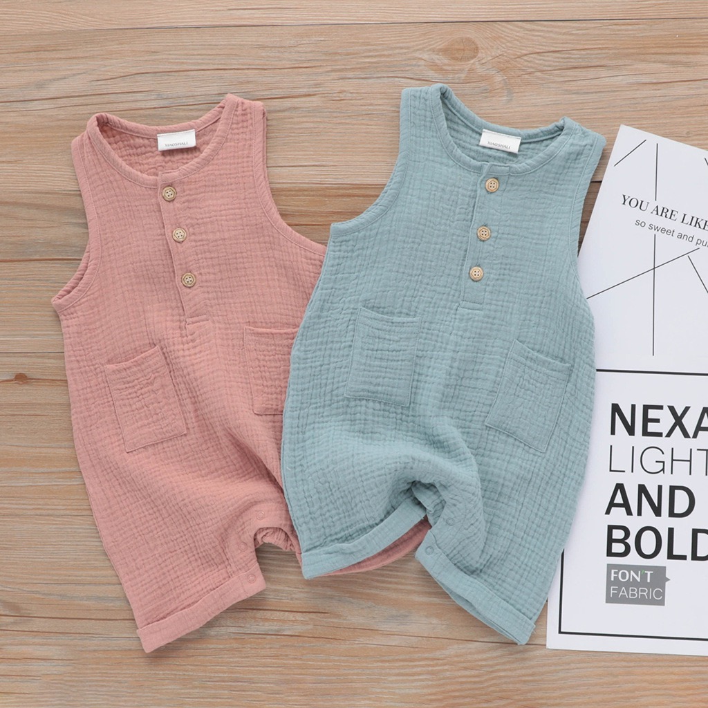 

NEW Baby Boy Girl Round Neck Overalls Rompers Solid Blue Pink Organic Cotton Front Button Pocket Newborn Sleeveless Bodysuits Summer Onesies