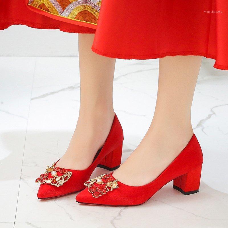 

Red High Heels Women Wedding Bride Pointed Toe Pumps Chinese Style Square High Heels Women Elegant Shallow Single Shoes 20201