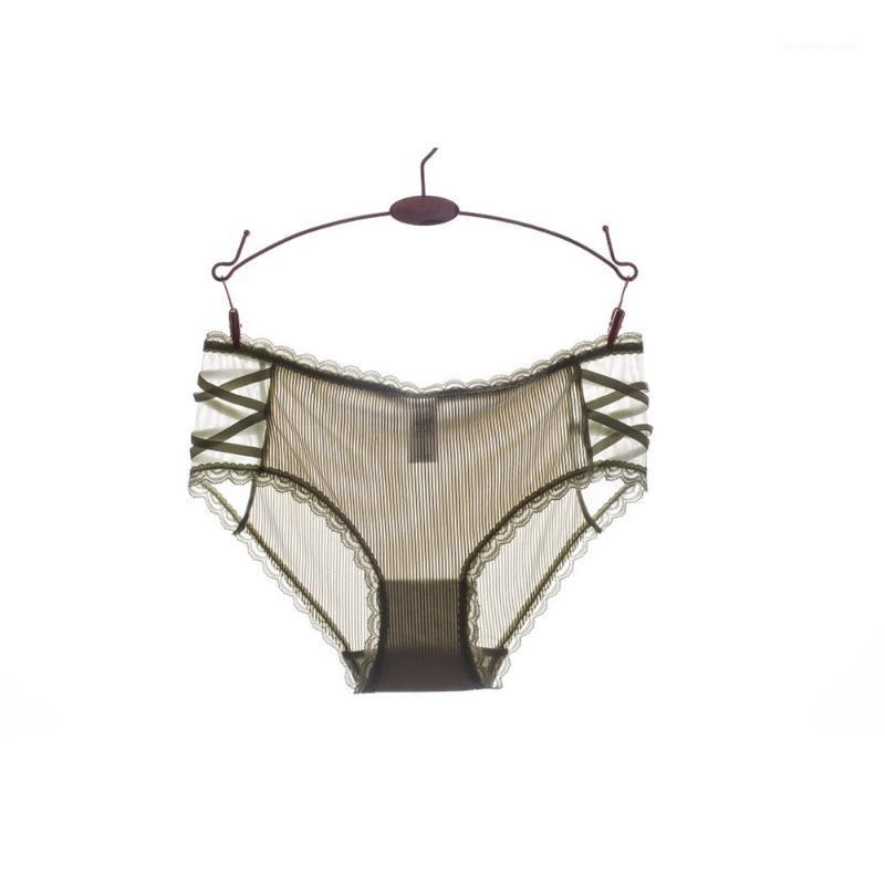 

Summer new lace breathable briefs panties seamless stripe mid-waist sexy ladies panties women1, Gray