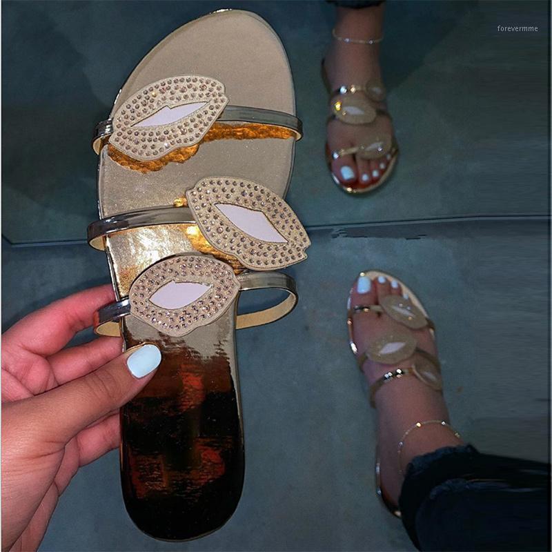 

Women Slippers Woman 2020 Summer Sexy Red Lips Flats Female Fashion Bling Crystal Slides Women's Footwear Ladies Plus Size 35-431, Black