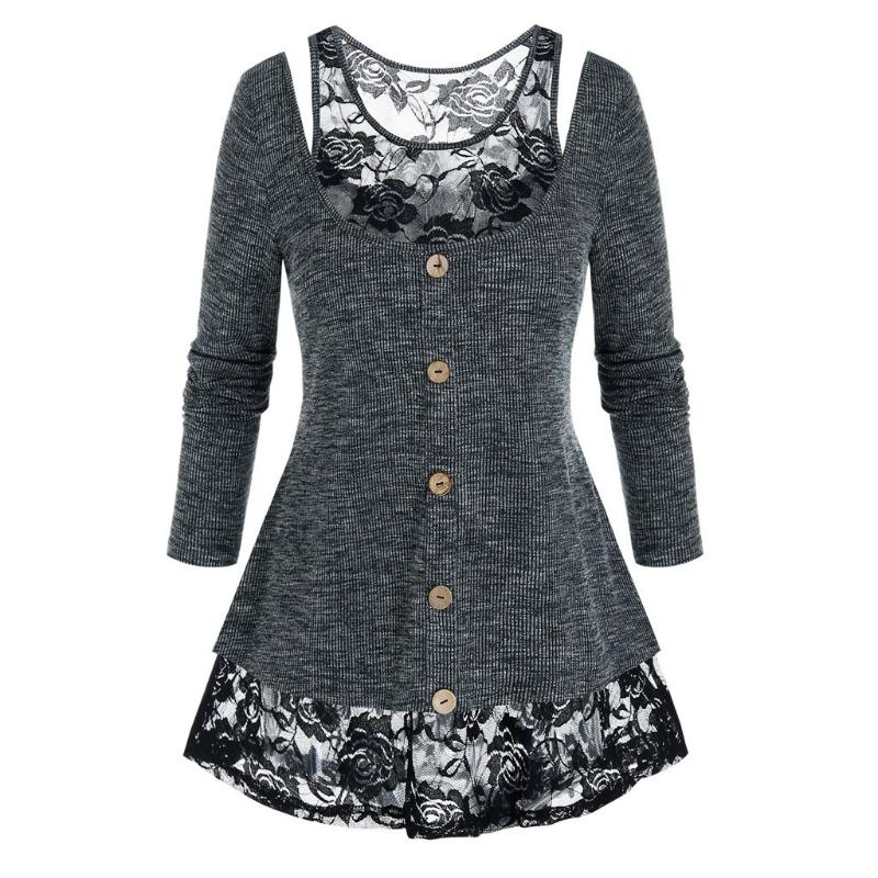 

Blouse Two-piece Suit Plus Size Lace Cutout Long Sleeve Tops Tee Sweater Womens Set Blouses Casual loose Blouses Buttons Shirts, Gray