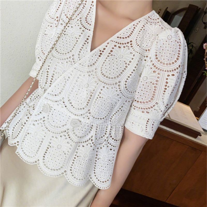 

Runway Blusa Women' Rent-a-lot Out Embroidered Abacaxi 2021 Summer Ladies White Shirts Decorating in v Cardigan Top Collection Pff1, White color.