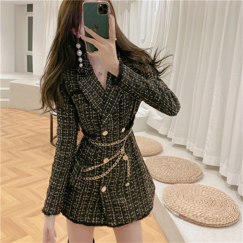 

2021 New  Elegante Mistura Feminina Inverno Outono Longo Tweed Jaqueta Duplo Vintage Xadrez Retro Casaco Cintura Bolsa N6DU, Beige