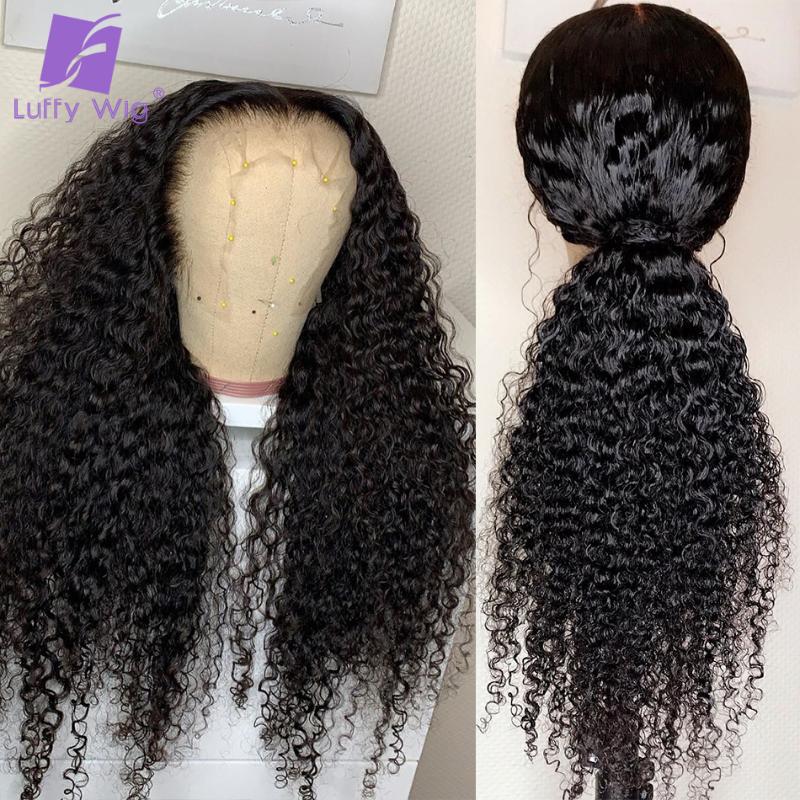 

Curly 13x4 Lace Front Wig Glueless Brazilian Remy Hair Lace Frontal Human Hair Wigs Pre Plucked Natural Black For Women LUFFY, Natural color