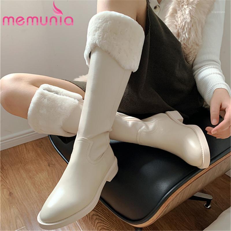 

MEMUNIA 2021 Top Quality Genuine Leather Knee High Boots Women Round Toe Winter Shoes Zip Low Heel Casual Shoes Ladies1, Beige not fur