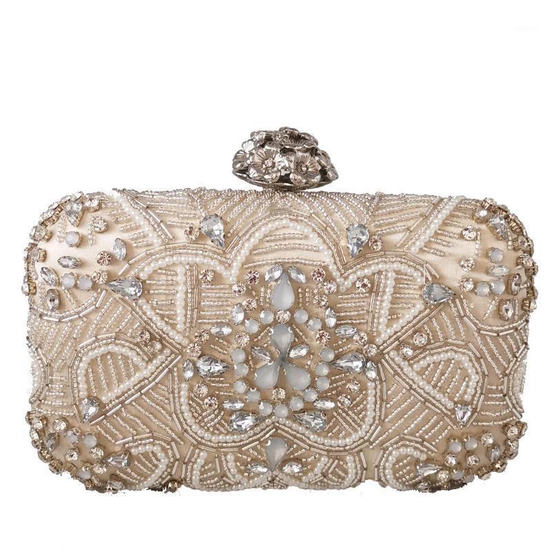 

Double Flower Women Formal Dinner Beaded Evening Bags and Clutches Wedding Bridal Purses Party Cocktail Handbags1, Khaki