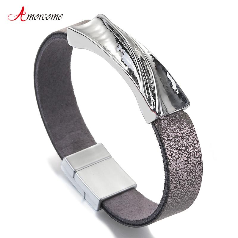 

Amorcome Fashion Jewelry Magnetic Women's Bracelets Accessories Alloy Rectangle Charm PU Leather Bracelet Gift Mujer Bijoux 2021