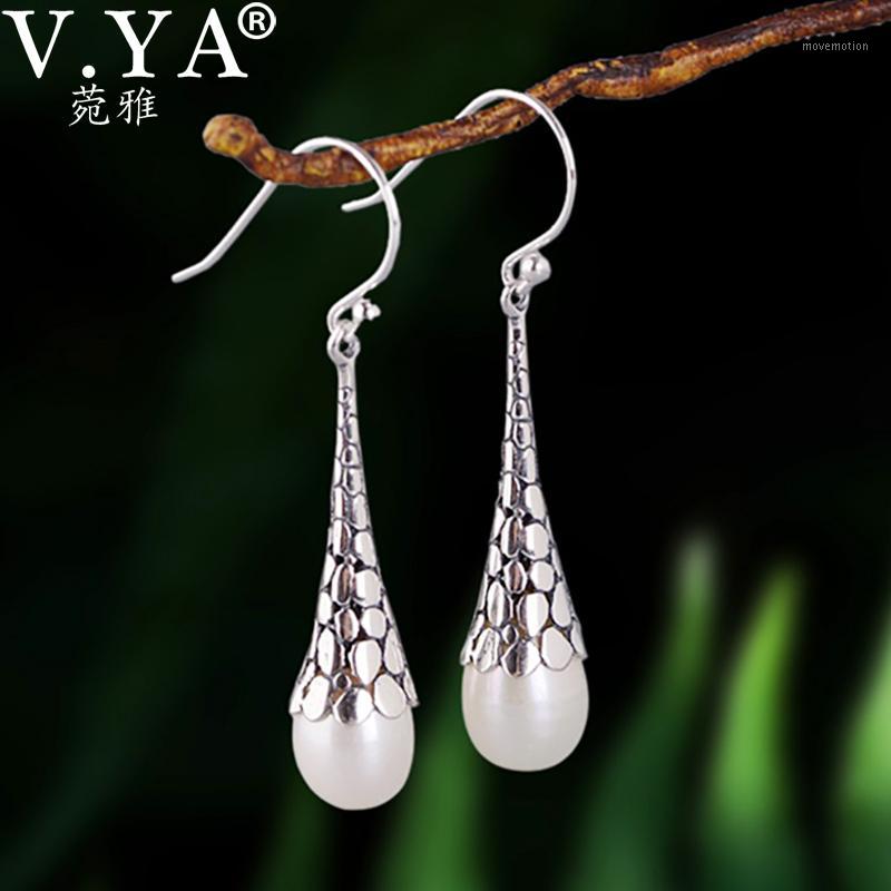 

V.YA Hollow Carving Flower Natural Freshwater Pearl Earrings For Women 100% 925 Sterling Silver Earrings Ethnic Fine Jewelry1