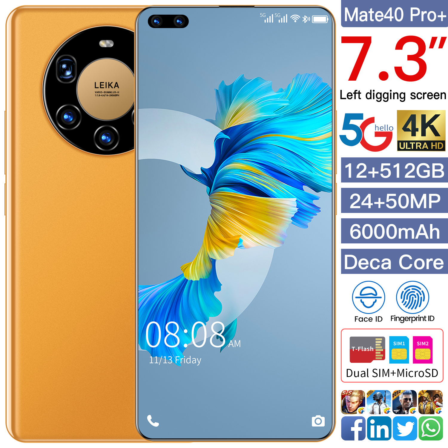 

M40Pro Smartphone 12+512GB Phone Android 10.0 Celulares Deca Core HD Camera 7.3" Telephone 8000mAh Global Version 4G 5G Mobile 32MP+64MP Cell Phones Face Unlock, Yellow