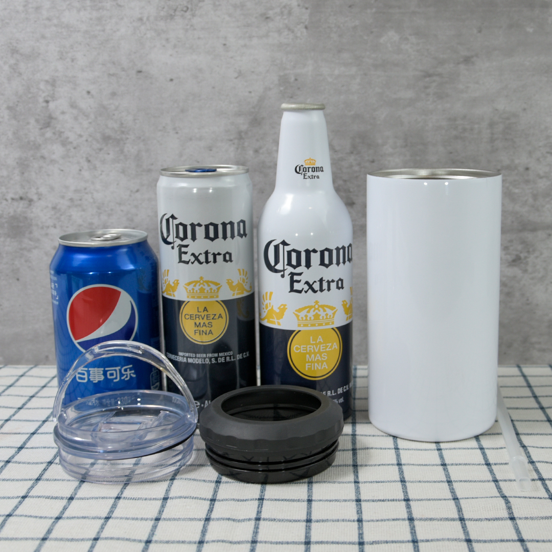 

4 in 1 Sublimation Straight can cooler 16oz Stainless Steel Tumbler with 2 lids 1 Plastic Straw and Wine Beer cola coolers Double Wall Insulated Vacuum Water glass B2, White