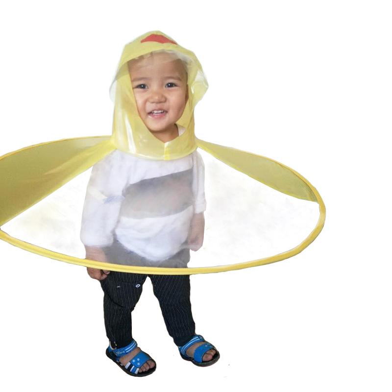 

New children's raincoat children's flying saucer umbrella magical hat free gloves funny rain cover baby play outdoor products, Yellow-m