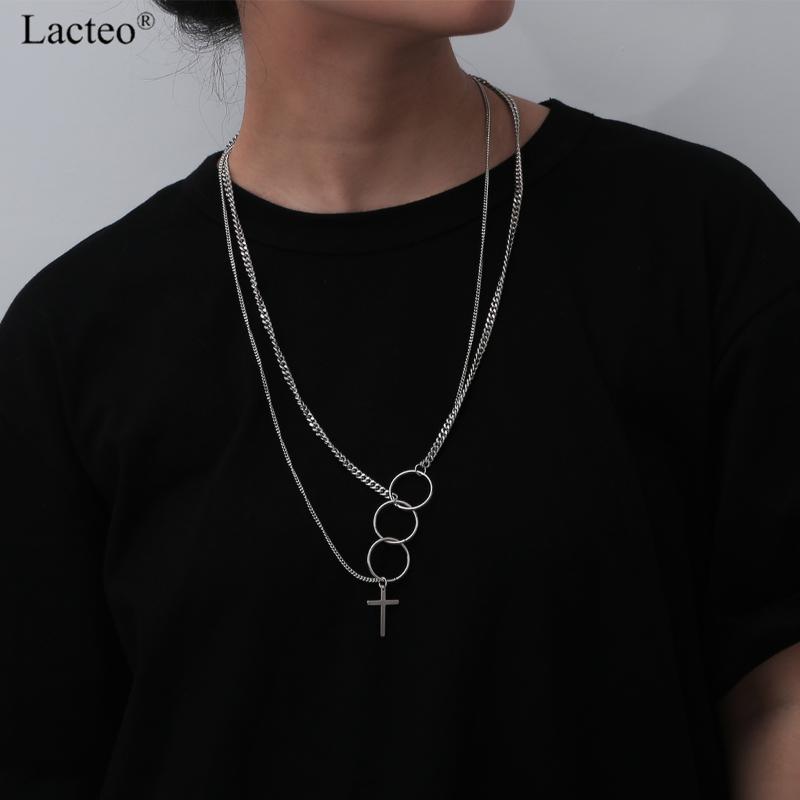 

Lacteo Street Punk Three Round Circle Cross Pendant Necklace Hip Hop Stainless Steel Chain Choker Necklace for Women and Men