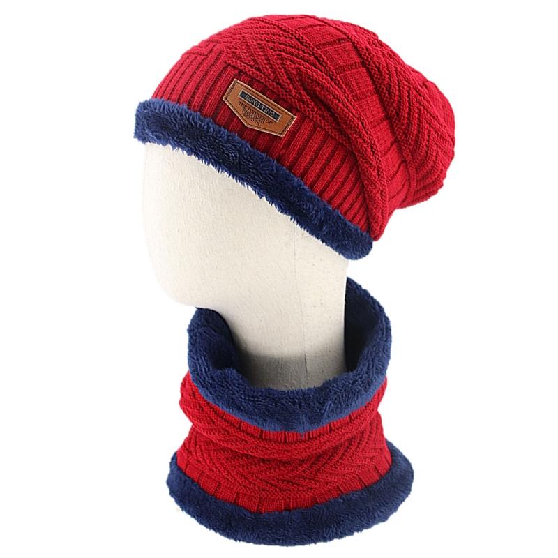 

2 Pieces Winter Cycling Windproof Chunky Knitted Beanie Hat Circle Scarf Set Thicken Warm Plush Lining Slouchy Skull Cap