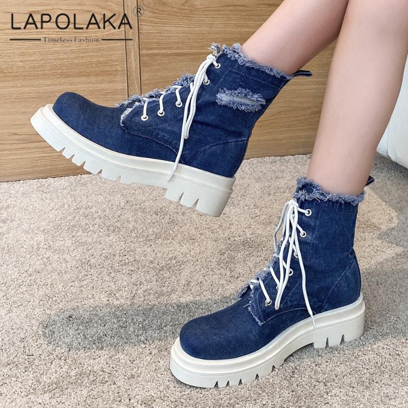 

Lapolaka 2021 Brand New Platform Thick Heels Boots Woman Shoes Trendy Denim Cross Tied Lady Shoes Comfy Work Office Ladies, Dark blue