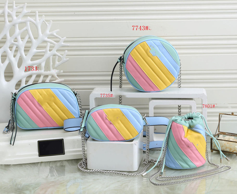 

Luxury Girls Rainbow circular Purse children metal letter chain messenger Bag Kids waist bags Designer women Mini square A5631, 1733