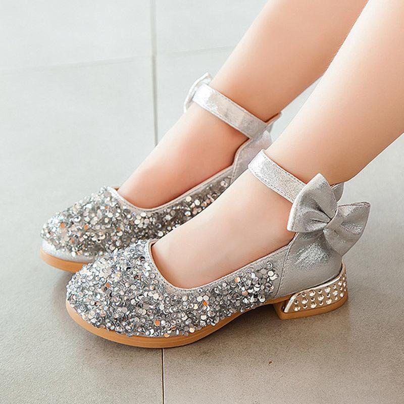

2021 new big girls shoes kids wedding shoes girls bow princess baby flash dance silver 3-14 years old, Black