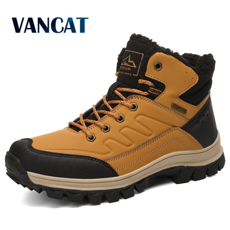 

Brand Winter Men Snow Warm Plush Waterproof Leather Ankle Outdoor Non-slip Men's Hiking Boots Sneakers 201204, No plush black