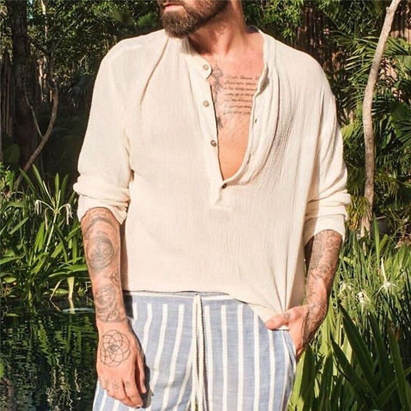 Men's Henley Shirt T shirt Solid Color Standing Collar Henley Casual Daily Button-Down Long Sleeve Tops Lightweight Fashion Big and Tall Gentle
