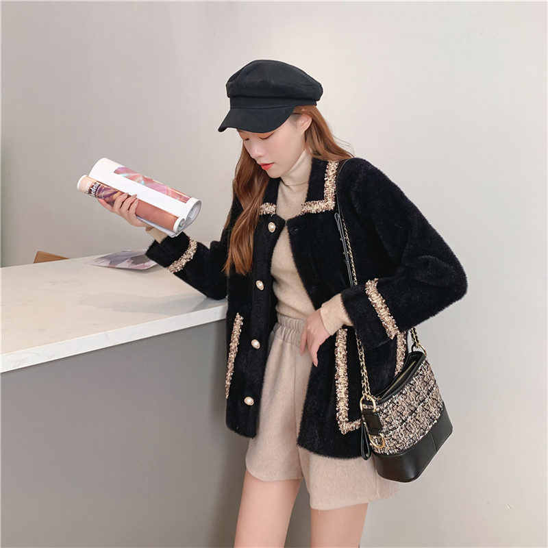 

2021 Winter Women's Clothes Autumn New Sheer Colour Lapel Loose Mink Coat Long Sleeve Sweet Wool Thick Cardigan Mesh 8C4P, Black