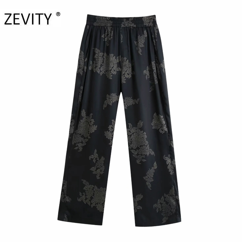 

ZEVITY Women vintage flower print pockets patch straight pants female elastic waist pleats casual slim Trousers chic pants P934 201106, As pic p934bb