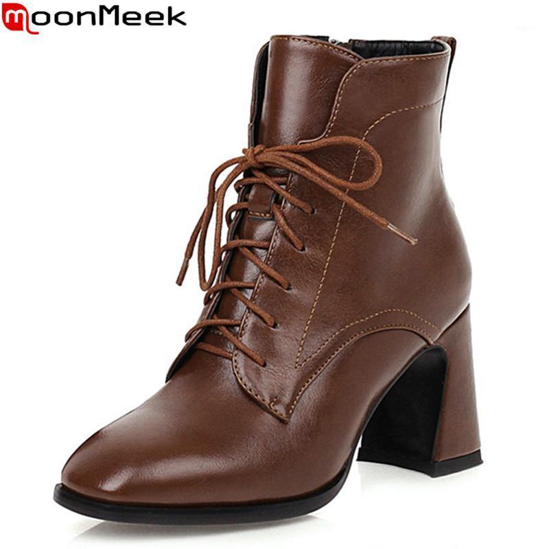 

MoonMeek 2020 New fashion women boots simple lace up high heels ladies shoes autumn winter black brown color ankle boots1