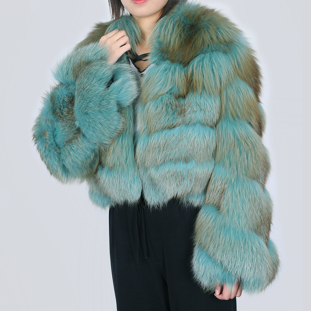 

2021 New Women's Real Winter Fox Big Cute Female Hot Coarse Outerwear Leather Fur Coat 015D, Cyan