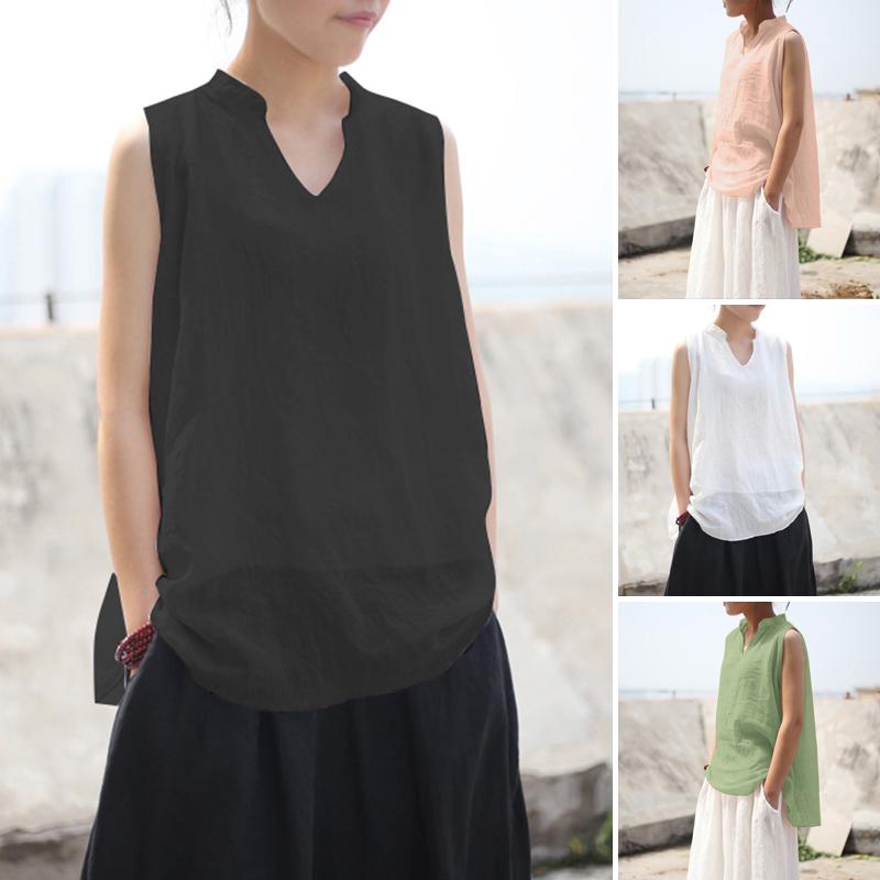 

Plus Size Tunic Women' Summer Blouse 2021 ZANZEA Fashion Tank Tops Casual Sleeveless V Neck Blusas Female Solid Tops Chemise, Black