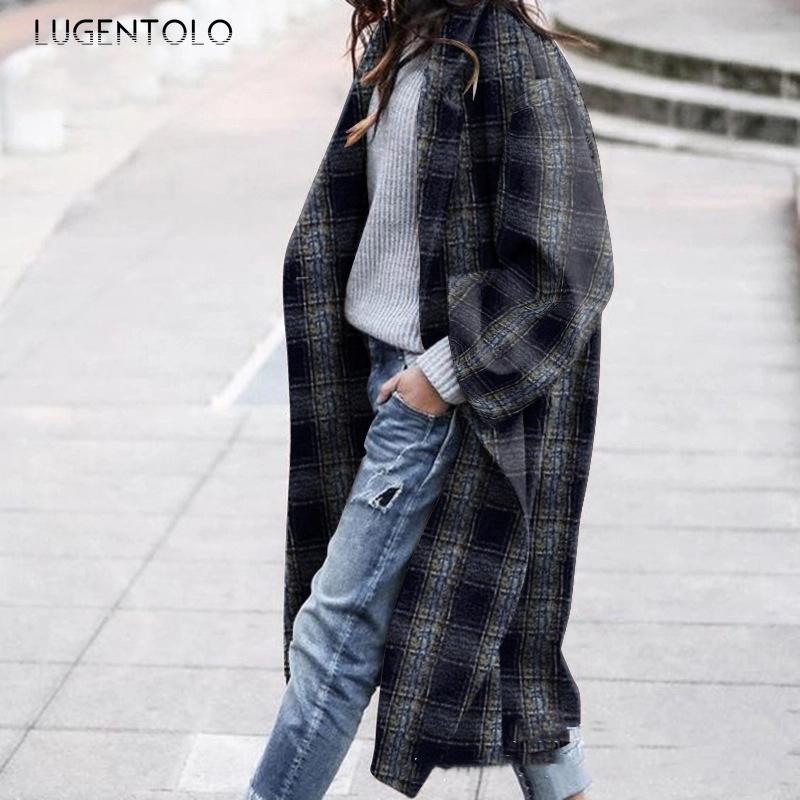 

Lugentolo Elegant Women Trench Long Sleeve Autumn Fashion Coat Plaid Slim temperament Lapel Casual Female Long Coats, Photo