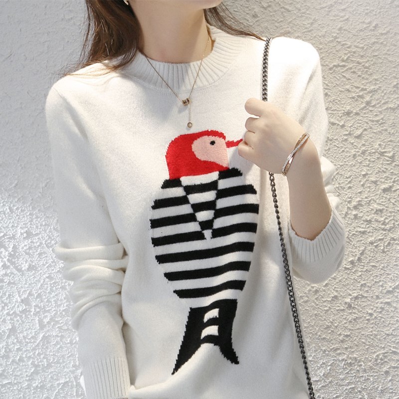 

2021 Winter New Arrival Woodpecker Pattern Sweaters Woman Cashmere and Wool Blended Fashion Oneck Long Sleeve Loose Pullovers N8s2, As picture2