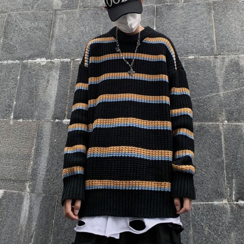 

Winter Striped Sweater Men's Warmth Fashion Retro Casual Knitted Pullover Men Loose Korean Knitting Sweaters Mens Clothes -XL, Black