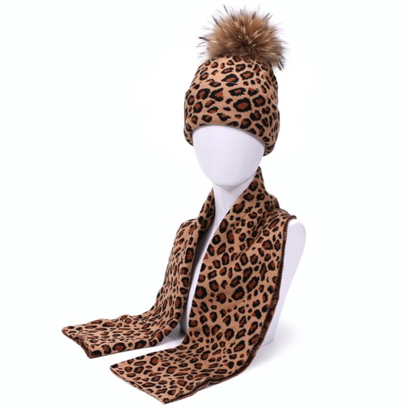 

2pcs Winter Women Pompon Beanie Hat Scarf Set Leopard Warm Faux Fur Pom Pom X7YA