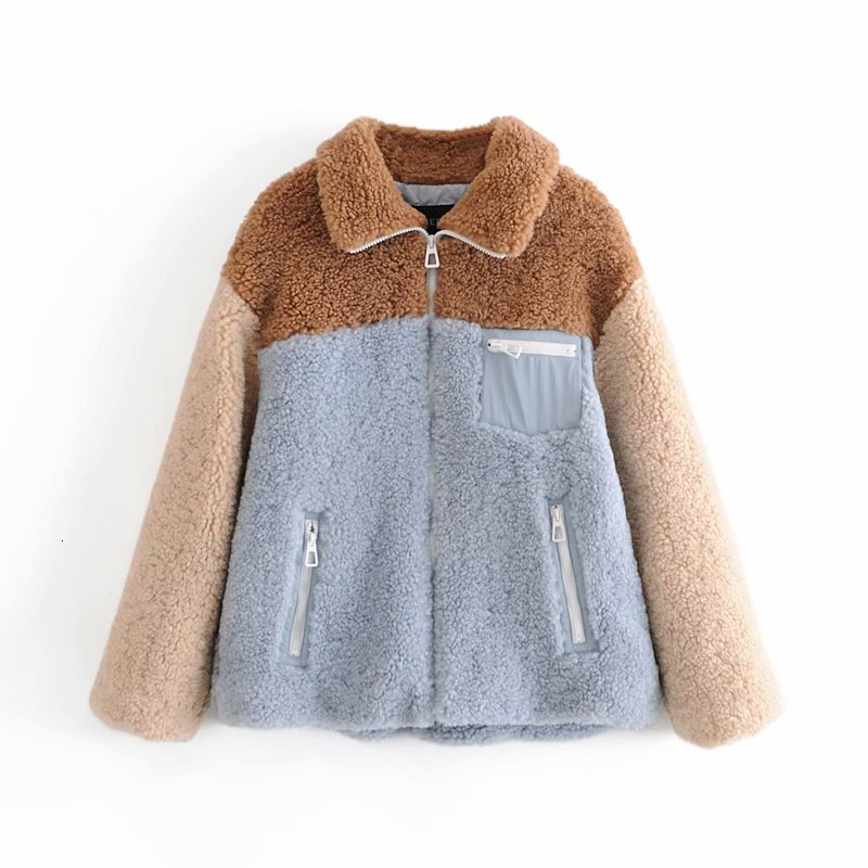 

2021 New Streetwear Women Patchwork Grain Cashmere Jacket Fashion Ladiesturn Down Collar Coats Causal Female Chic Zipper Outercoat Lk54, Blue