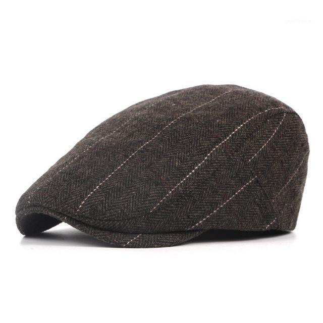 

2020 Spring Winter Men Classic Vintage Striped Beret Cap Hats Berets British Western Style Wool Advanced Flat Ivy Cap Gatsby1, Black