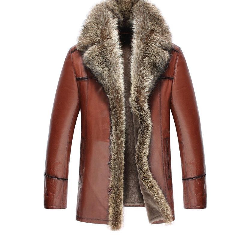 

Genuine Leather Jacket Men Winter Jacket Natural Fur Real Sheepskin Coat for Men Wool Liner Raccon Fur Collar Coat 14061 YY387, Red brown