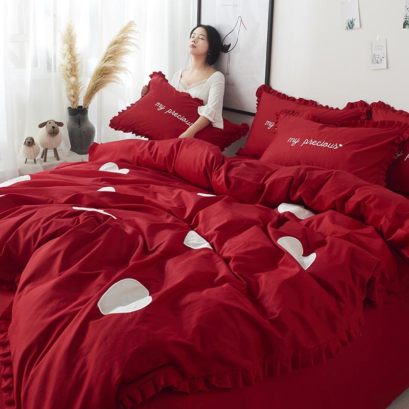

Princess Style 50s Pure Cotton Satin Duvet Cover Bed Sheet Pillowcases Solid Love Heart Red Bean Paste Ginger Pink Grey Bed Set