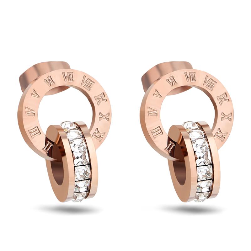 

Stud Top Brand Rose Gold Color Roman Numerals Zircon Earring For Women 316L Stainless Steel Fashion Jewelry