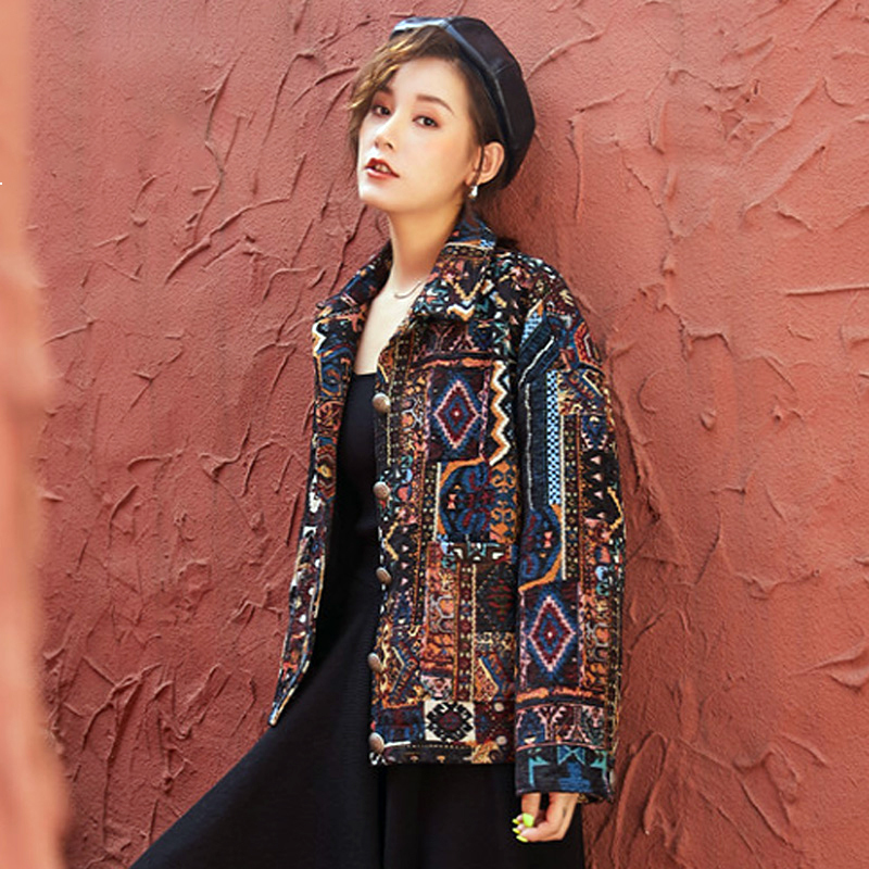 

2021 New Feminino Retro Manga Longa Gola Nico Breasted Imprimir Estilo Tnico Em Linha Reta Solta Personalidade Moda Jaqueta Y136 7cy9, Photo color