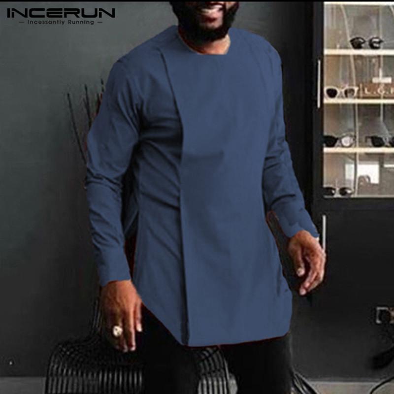 

2020 African Clothing Men Shirt Round Neck Vintage Solid Color Long Sleeve Casual African Dashiki Men Irregular Shirts INCERUN 7